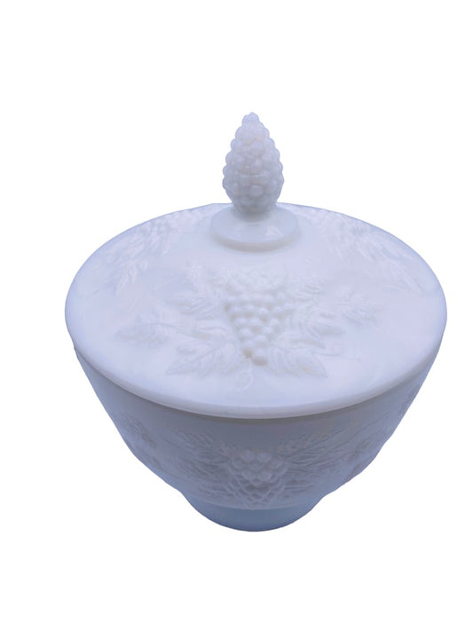 Vintage Smith Glass Milk Glass White Lidded Candy Dish Grape Pattern