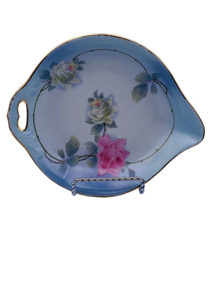 Vintage Tray Dish Handpainted Roses Germany Handle and Spout Shallow