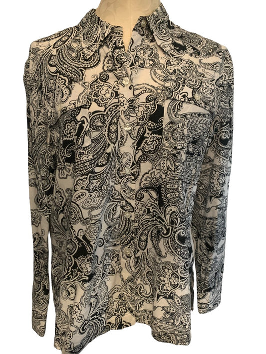 Large Jones New York Signature Black Off White Paisley Print Women's Button Up