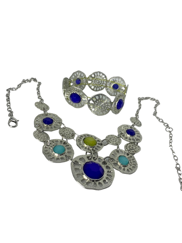 Silvertone 21" Bib Necklace and Stretch Bracelet Jewelry Set Blue Blue Yellow Acrylic