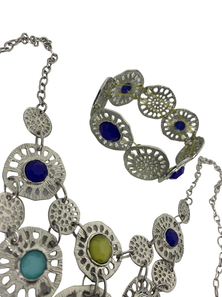 Silvertone 21" Bib Necklace and Stretch Bracelet Jewelry Set Blue Blue Yellow Acrylic