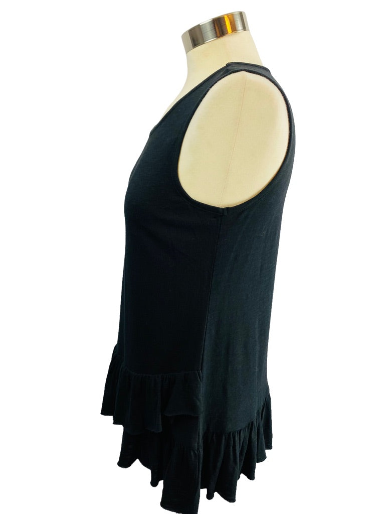 XS DG2 Diane Gilman Black Ruffle Hem Sleeveless Tshirt Tank Tunic Length