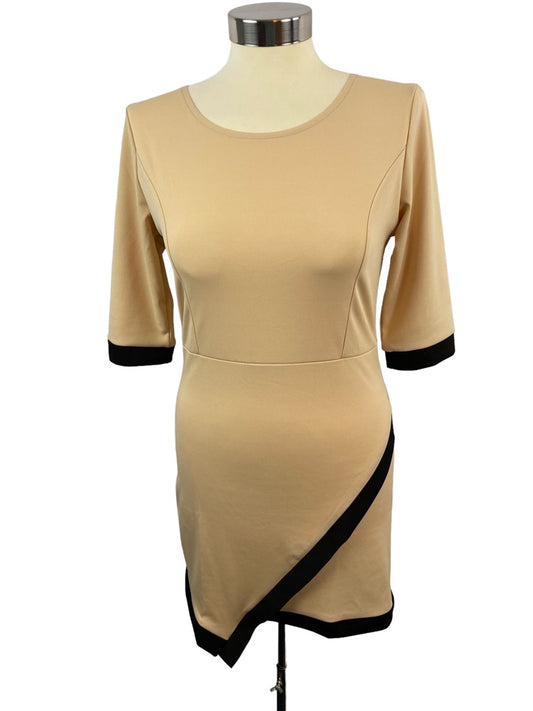 Medium Lupsona Stretch Sheath Dress 1/2 Sleeve Tan Black Trim