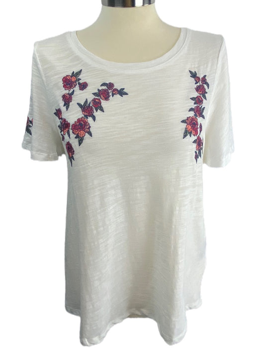 XS DG2 Diane Gilman White Round Neck Women's Tshirt Red Pink Rose Embroidered