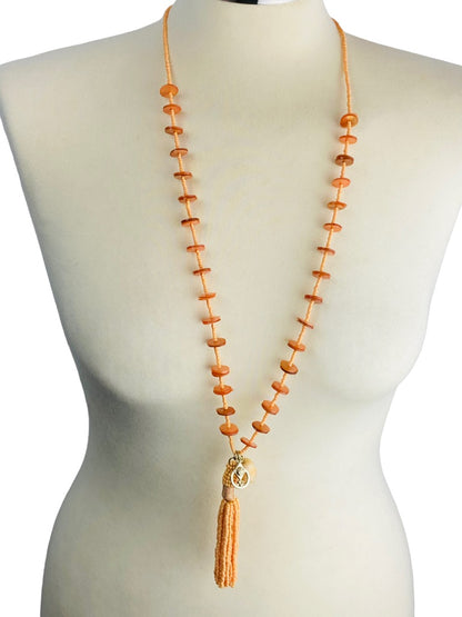 Chico's Orange Seed Bead and Shell Long 37" Necklace with Tassel Pendant