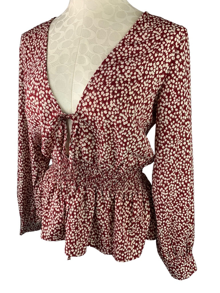 Medium Anama Womens Banded Waist Tie Front Blouse Floral Burgundy