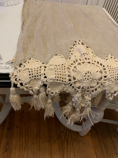 Linen Blend Tassel Crochet Table Runner 20.5" x 66" Boho Chic