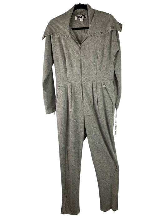 12 Vicky Tiel New Gray Zip Up Jumpsuit Funnel Neck Stretch Neck Pockets