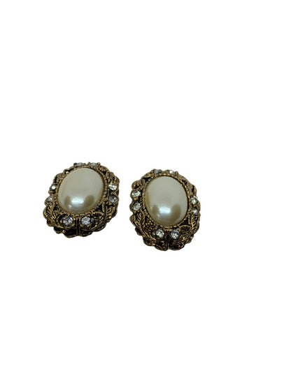 Vintage Clip On Earrings 1" Oval Goldtone with Faux Pearl Rhinestone