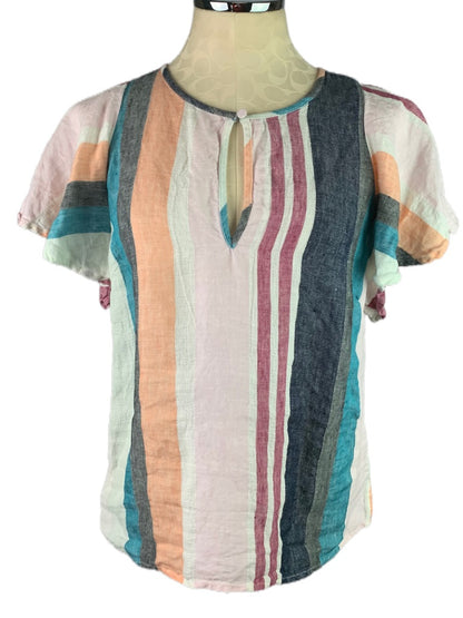 6 J.Crew Mixed Linen Stripe Short Ruffle Sleeve Women's Top Blouse AL091