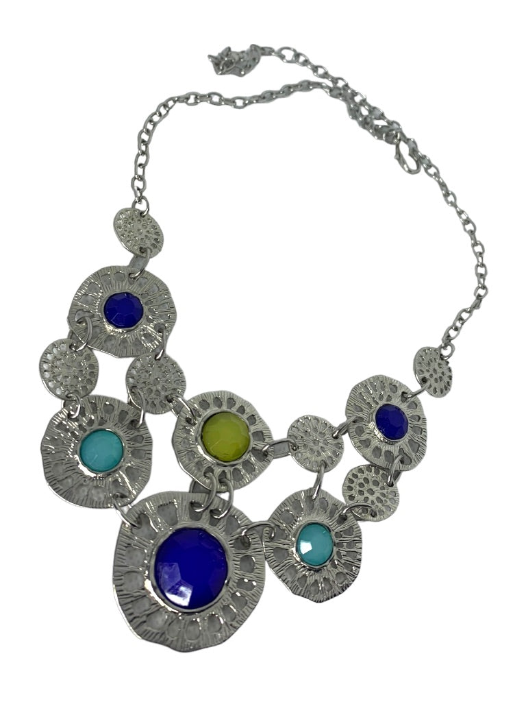 Silvertone 21" Bib Necklace and Stretch Bracelet Jewelry Set Blue Blue Yellow Acrylic