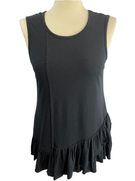 XS DG2 Diane Gilman Black Ruffle Hem Sleeveless Tshirt Tank Tunic Length