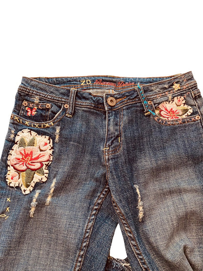 7 ZD Premium Denim Junior Women's Embroidered Floral Jeans Distressed Straight Leg