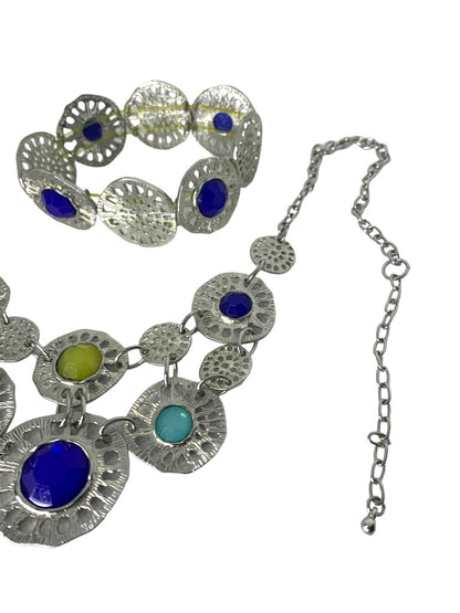 Silvertone 21" Bib Necklace and Stretch Bracelet Jewelry Set Blue Blue Yellow Acrylic