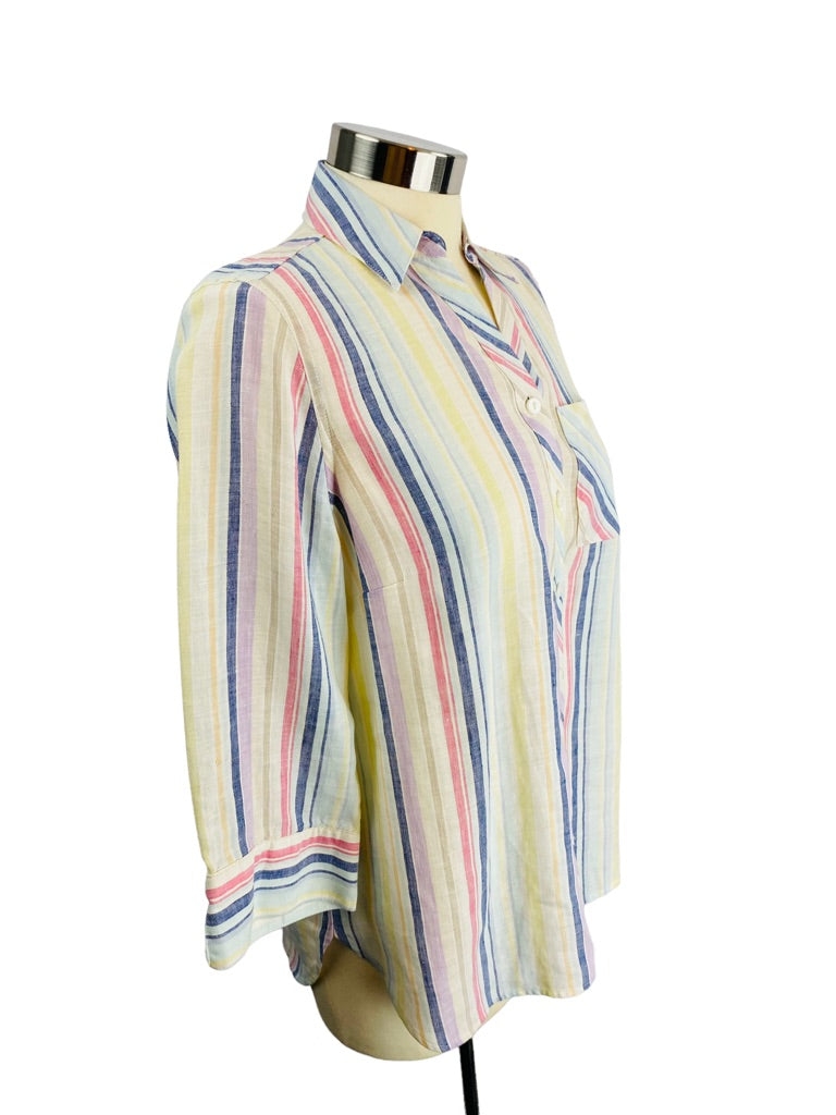 0/2 Petite Chico's Women's Striped Linen Button Up 3/4 Sleeve Shirt Blouse No-Iron