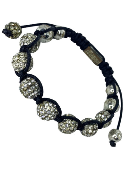 Signed Nogucci Adjustable Bracelet Black and Silvertone Rhinestone Balls