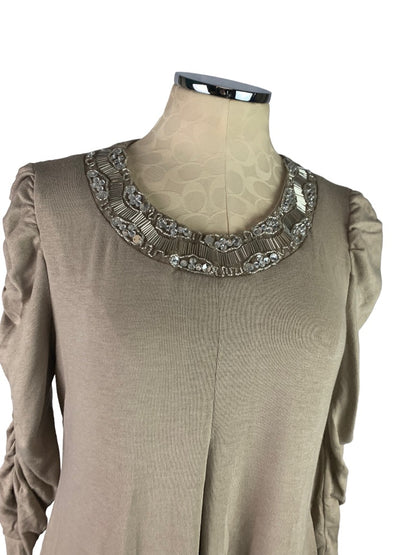 Large Glitterscape Women's New Taupe Beaded Round Neck Jersey Knit Pullover Top