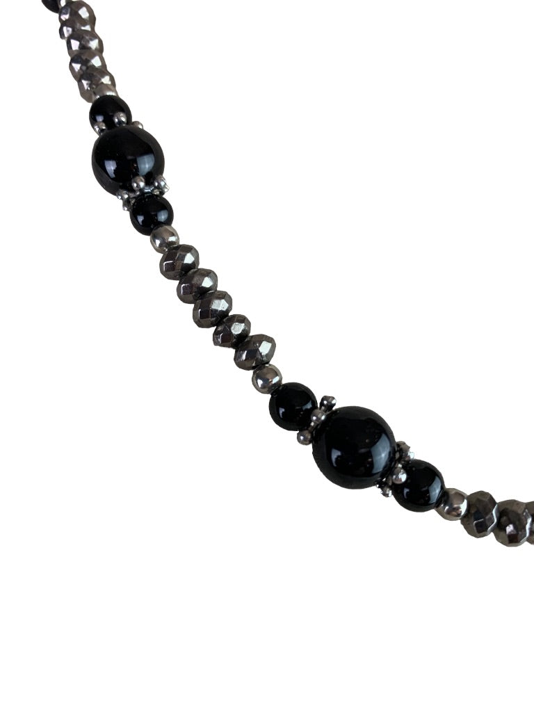 Black and Silvertone Beaded Necklace with Lobster Clasp Adjustable to 21"