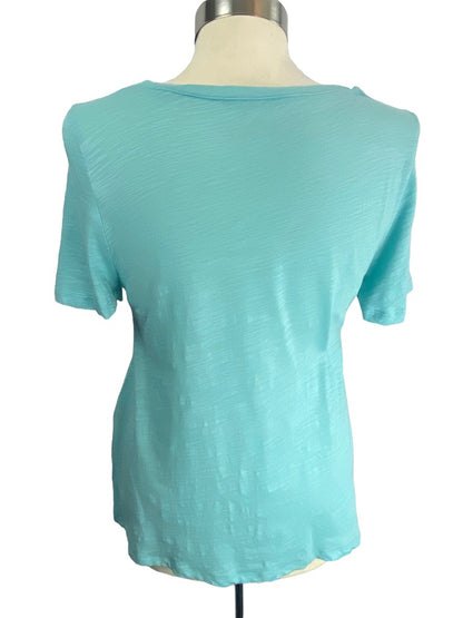 XS DG2 Diane Gilman Turquoise Round Neck Women's Tshirt Blue Rose Embroidered