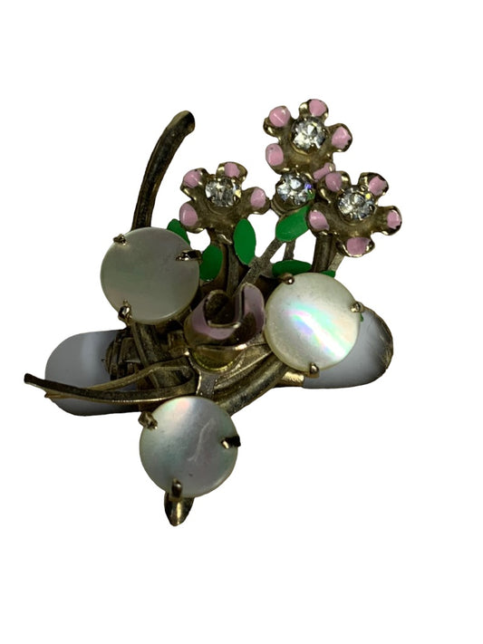 Vintage Floral Brooch Goldtone Pink Green 1.5"