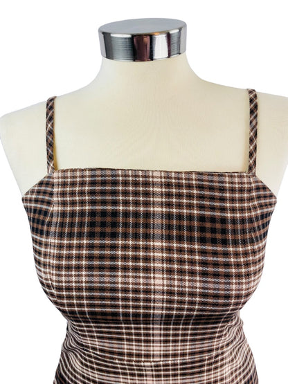 Small GB Women's Brown Plaid Spaghetti Strap Fitted Sheath Dress