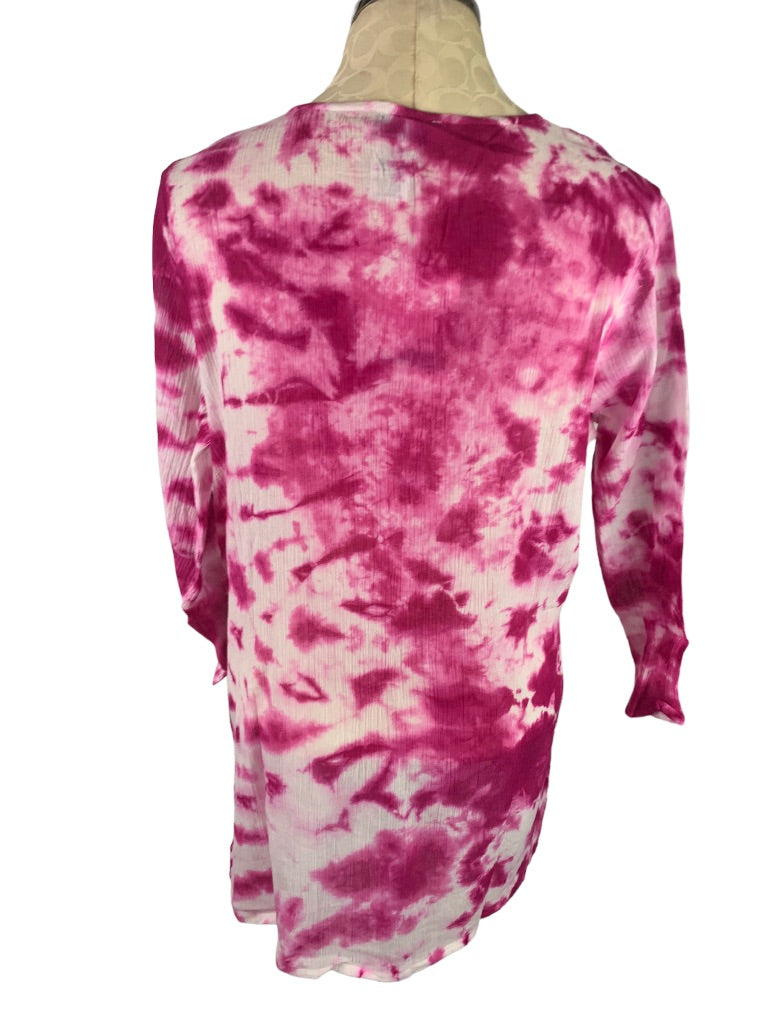 Large OSO Originals Tie Dye Fuschia Tunic New Beaded Neckline Lightweight