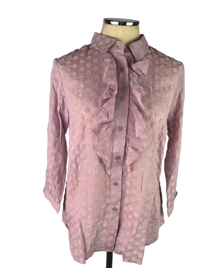 Medium Isaac Mizrahi Live! Sheer Lilac Flock Dot Ruffle Front Button Up