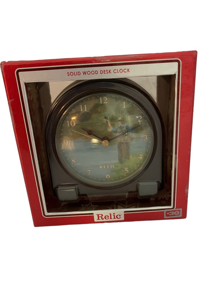 Relic Solid Wood Desk Clock New Fly Fishing Theme 5"h x 4.5"w New