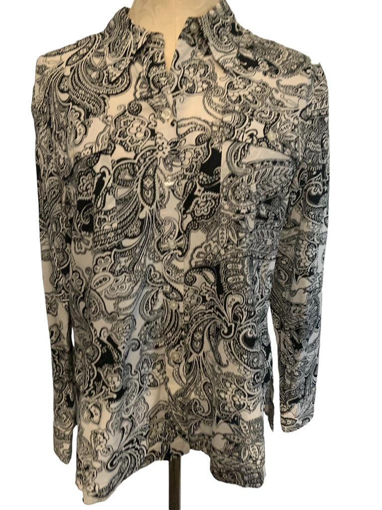 Large Jones New York Signature Black Off White Paisley Print Women's Button Up