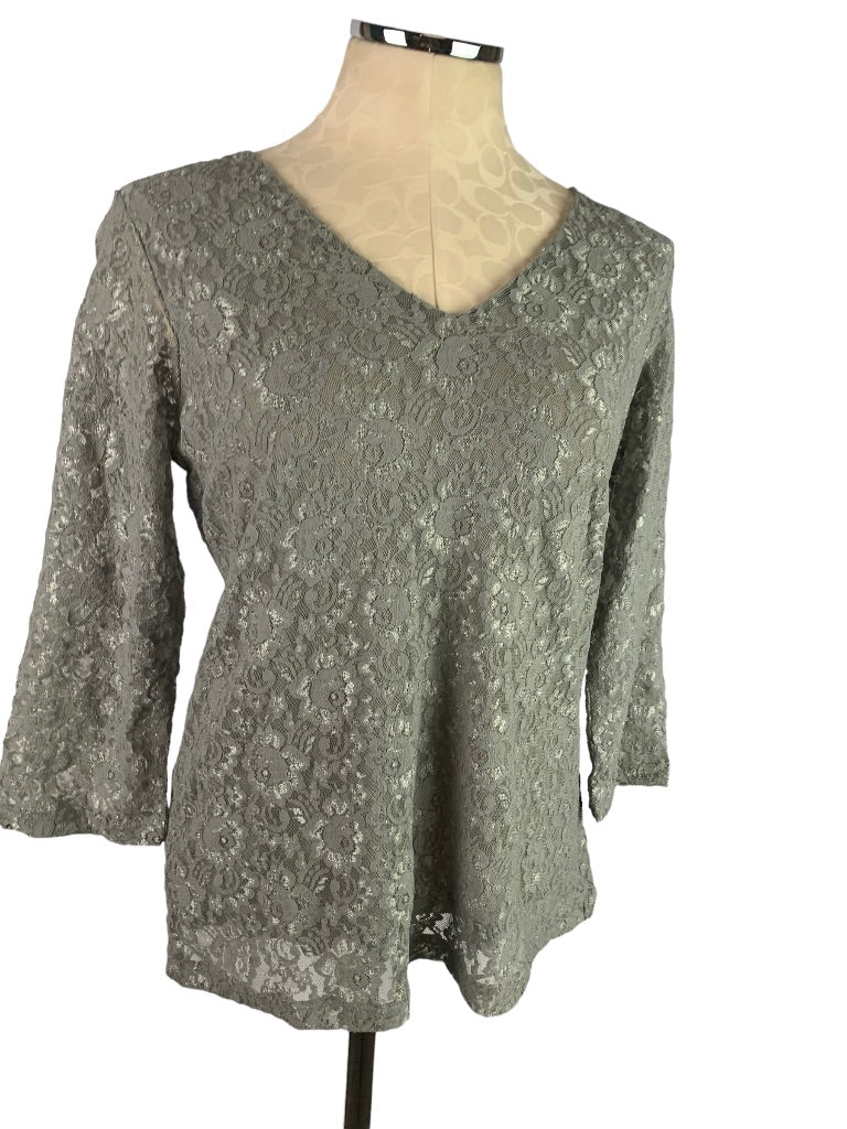 Small Motto Women's Gray Lace V-Neck Lined Pullover Top New