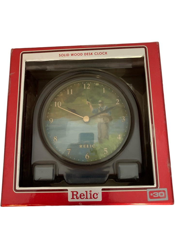 Relic Solid Wood Desk Clock New Fly Fishing Theme 5"h x 4.5"w New