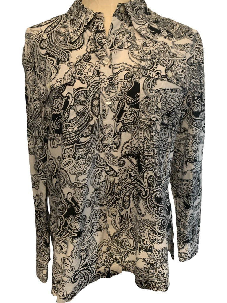 Large Jones New York Signature Black Off White Paisley Print Women's Button Up