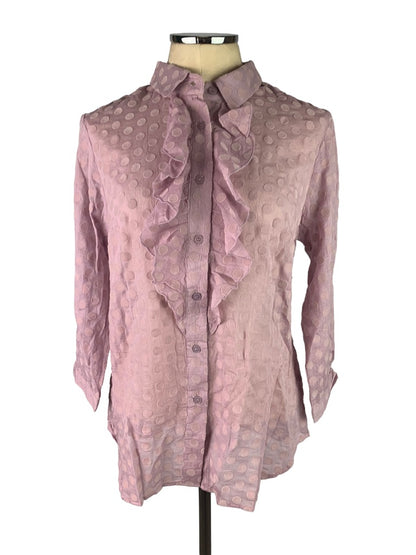 Medium Isaac Mizrahi Live! Sheer Lilac Flock Dot Ruffle Front Button Up