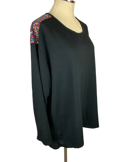 22/24 Lane Bryant Women's Black Jersey Knit Top Multicolor Sequin Shoulders Pullover