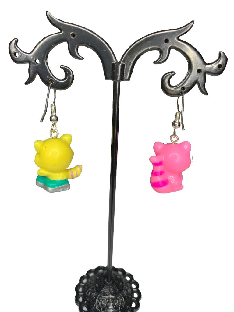 Animal Racoon Figural Earring Pink Yellow 1.5" Drop Dangle Hook Pierced