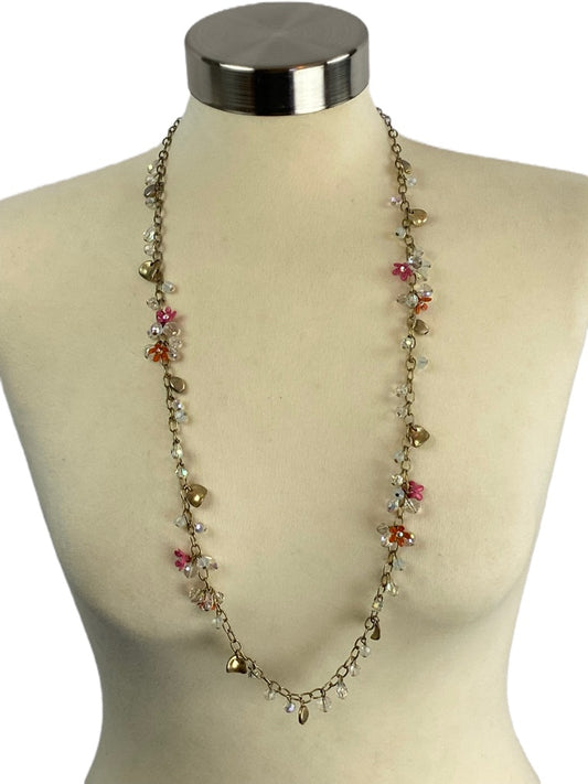 Ann Taylor LOFT 34" Clasp Chain Necklace Brushed Goldtone Crystal and Flower Beads