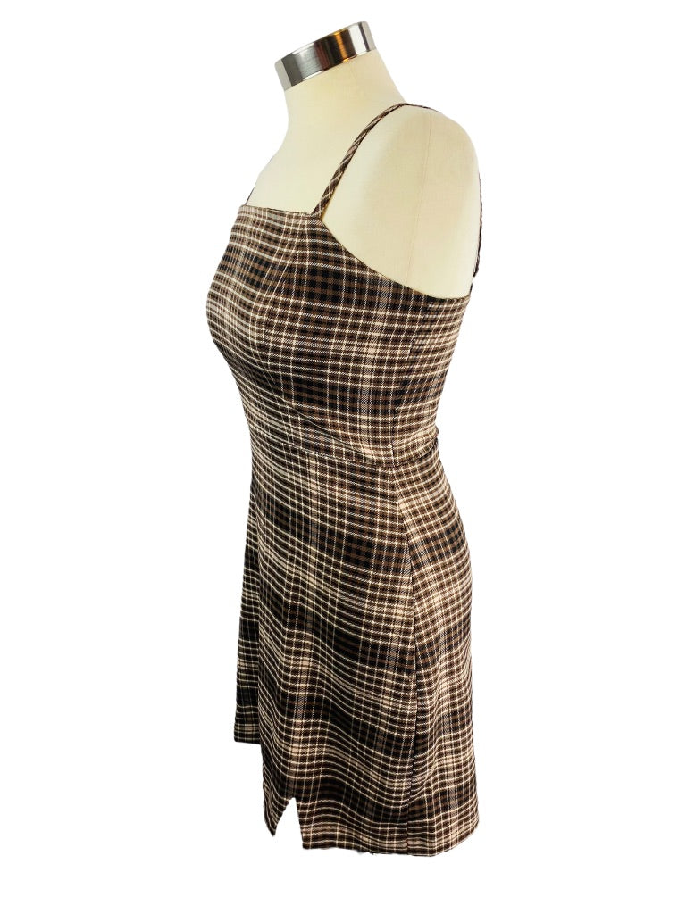 Small GB Women's Brown Plaid Spaghetti Strap Fitted Sheath Dress