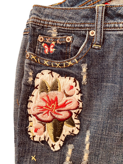 7 ZD Premium Denim Junior Women's Embroidered Floral Jeans Distressed Straight Leg