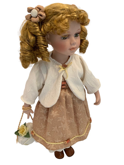 Vintage Porcelain Doll Victorian Girl Dress Style 16.5" h with Stand Strawberry Blonde Curls