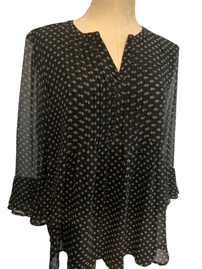 Large Izod Black Print Women's Pullover Blouse Sheer Bell Sleeve