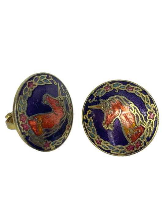 Vintage Unicorn Goldtone Clip On Non-Pierced Earrings Cloissone 3/4" Diameter