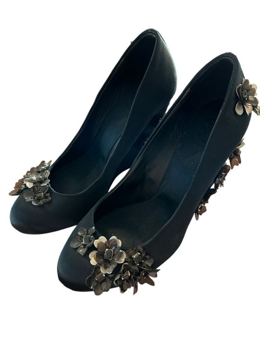 7.5 M Tory Burch Pixie Black Satin Wedge Heels 3D Flowers Formal Evening