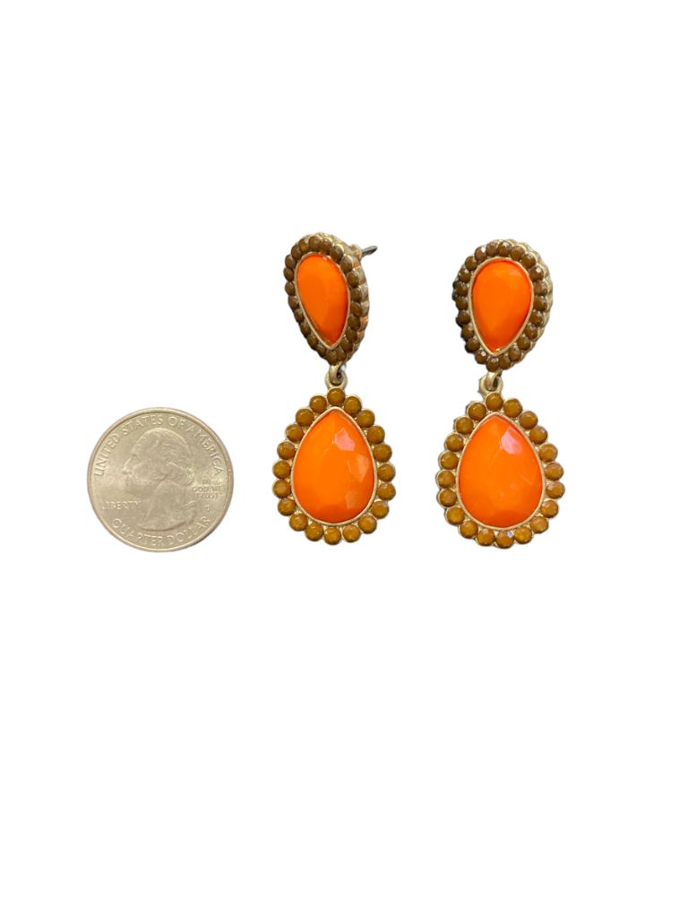 Orange Brown And Gold Dangle Post Earrings Tear Drop 2" Long