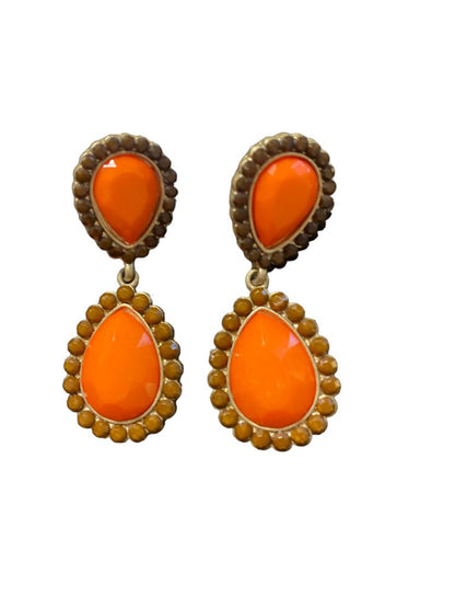 Orange Brown And Gold Dangle Post Earrings Tear Drop 2" Long