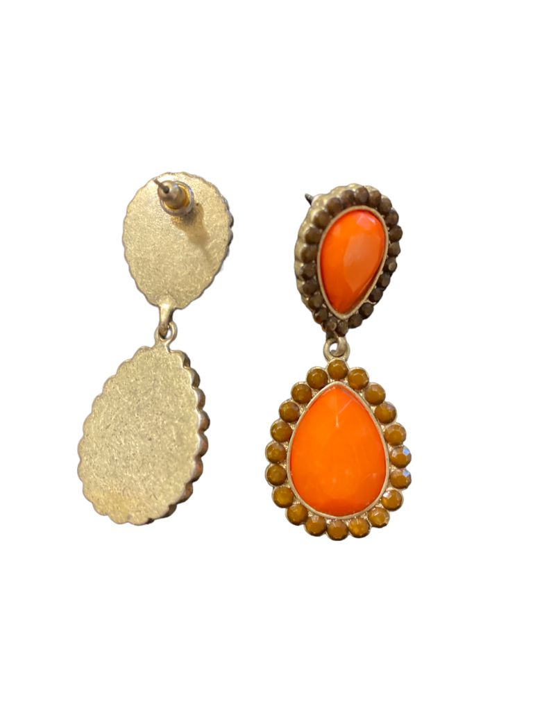 Orange Brown And Gold Dangle Post Earrings Tear Drop 2" Long