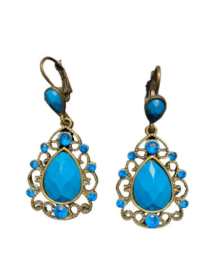 Brasstone Detailed Leverback Earrings With Teal Tear Drop Cabochon and rhinestone Accents