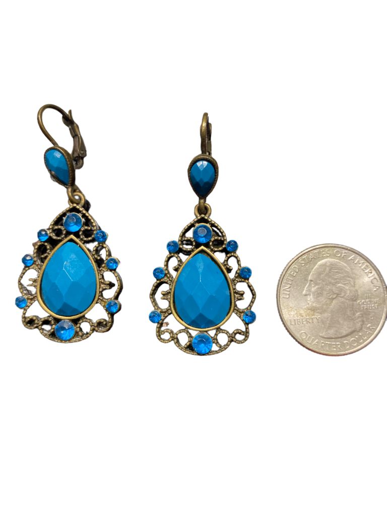 Brasstone Detailed Leverback Earrings With Teal Tear Drop Cabochon and rhinestone Accents