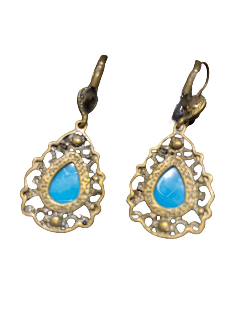 Brasstone Detailed Leverback Earrings With Teal Tear Drop Cabochon and rhinestone Accents