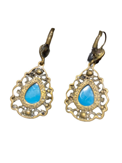 Brasstone Detailed Leverback Earrings With Teal Tear Drop Cabochon and rhinestone Accents