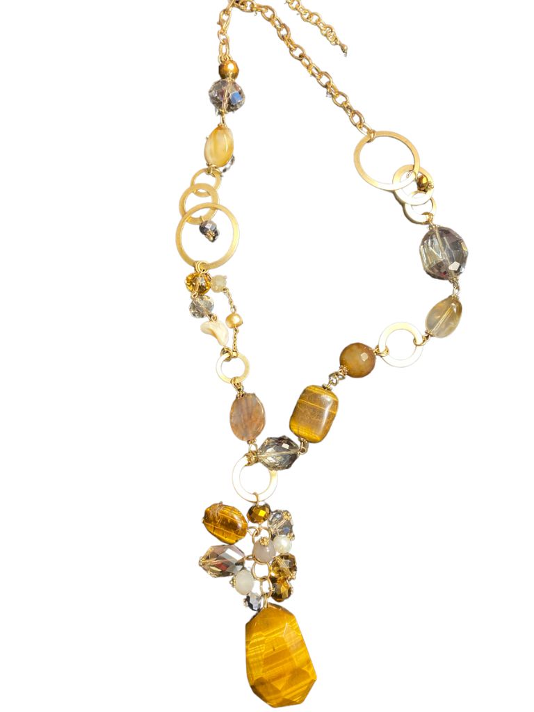 Mixed Stone and Faux Gem Lariat Style Necklace Statement Matte Goldtone